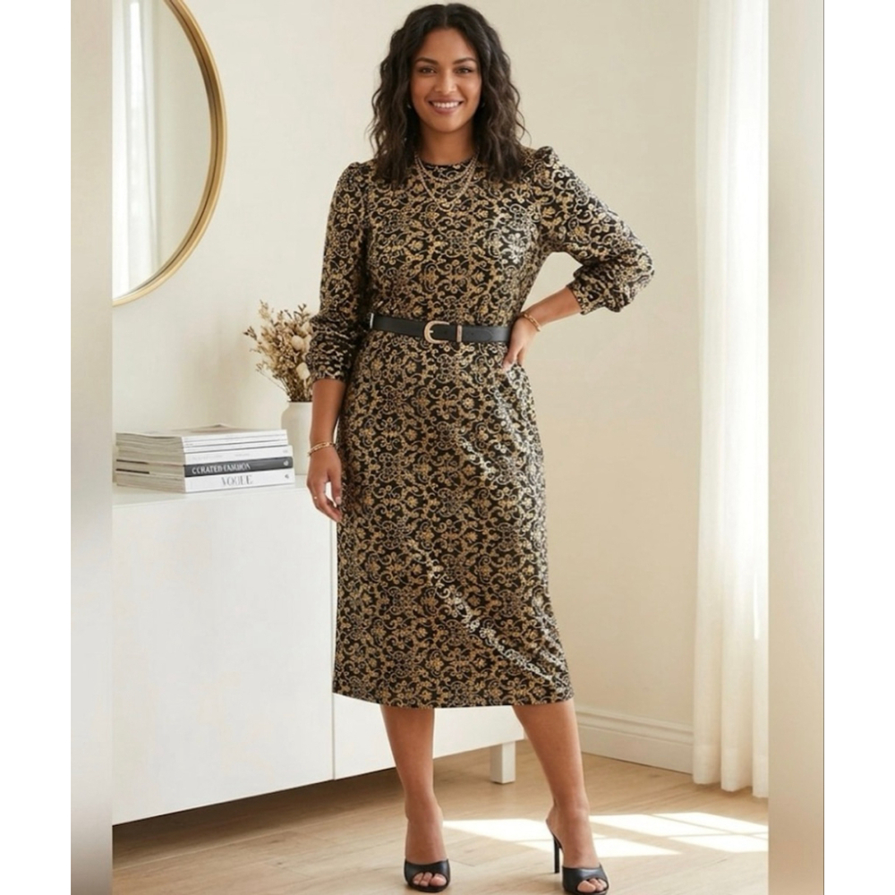 SHEIN Size L Black and Gold Foil Pattern Long Sleeve Dress